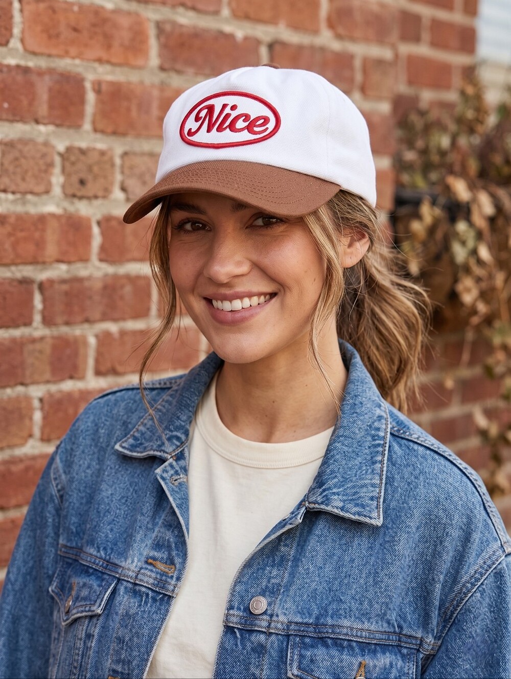 Nice Embroidered Two-Tone Baseball Cap - White & Brown